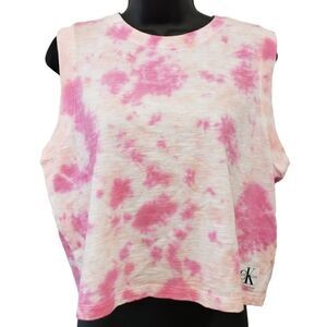 Calvin Klein Cotton Tie-Dye‎ Top Women's LARGE Pink Orange White Sleeveless NWOT